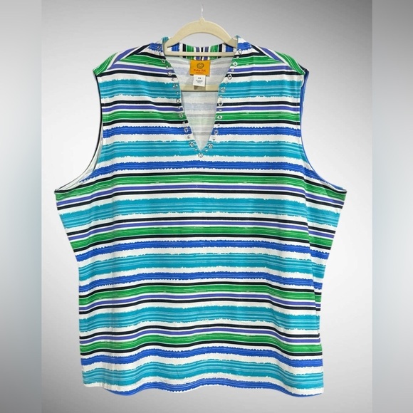 Ruby Rd. Tops - Ruby Rd Women’s Plus-size 2XL V-neck Sleeveless Top Black Green Blue Stripes